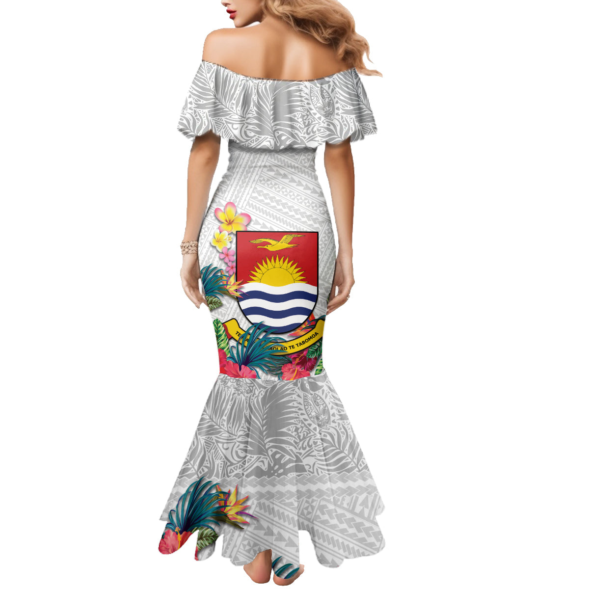 Kiribati Independence Day Family Matching Mermaid Dress and Hawaiian Shirt Frigatebird Mix Tropical Flowers - White Style LT14 - Polynesian Pride