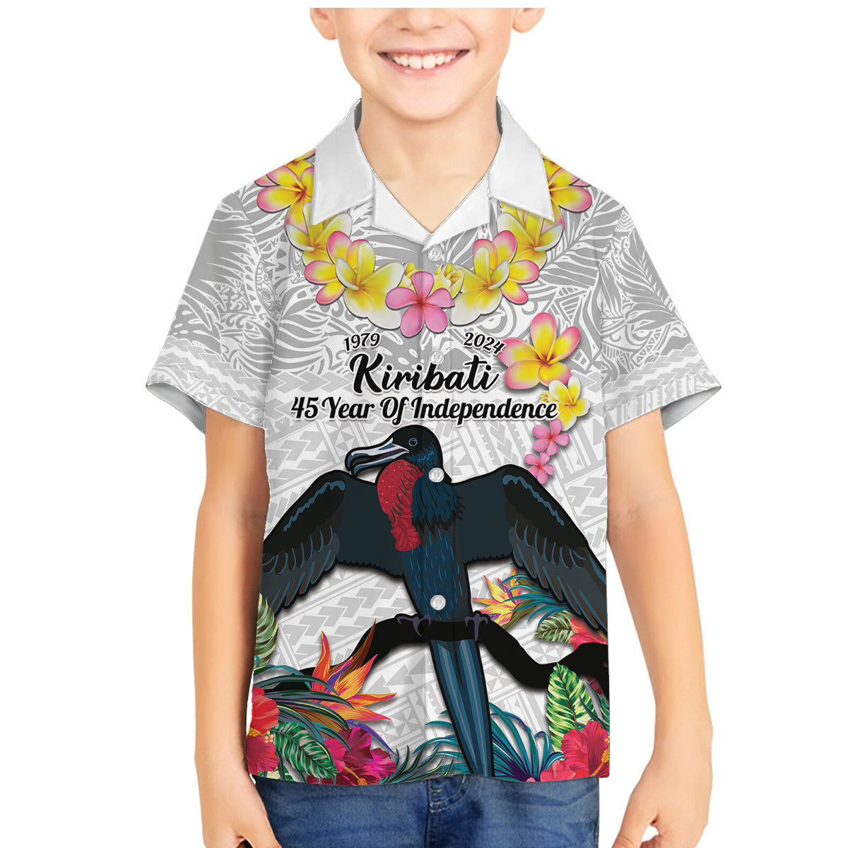 Kiribati Independence Day Family Matching Mermaid Dress and Hawaiian Shirt Frigatebird Mix Tropical Flowers - White Style LT14 Son's Shirt White - Polynesian Pride