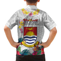 Kiribati Independence Day Family Matching Off The Shoulder Long Sleeve Dress and Hawaiian Shirt Frigatebird Mix Tropical Flowers - White Style LT14 - Polynesian Pride