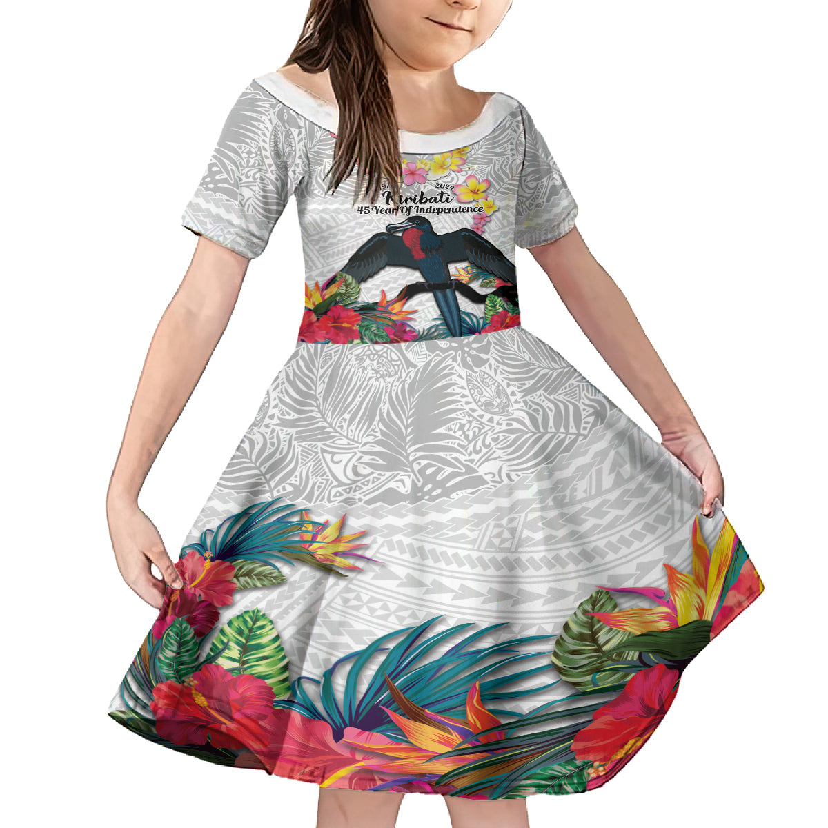 Kiribati Independence Day Family Matching Off The Shoulder Long Sleeve Dress and Hawaiian Shirt Frigatebird Mix Tropical Flowers - White Style LT14 Daughter's Dress White - Polynesian Pride