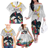 Kiribati Independence Day Family Matching Off The Shoulder Long Sleeve Dress and Hawaiian Shirt Frigatebird Mix Tropical Flowers - White Style LT14 - Polynesian Pride