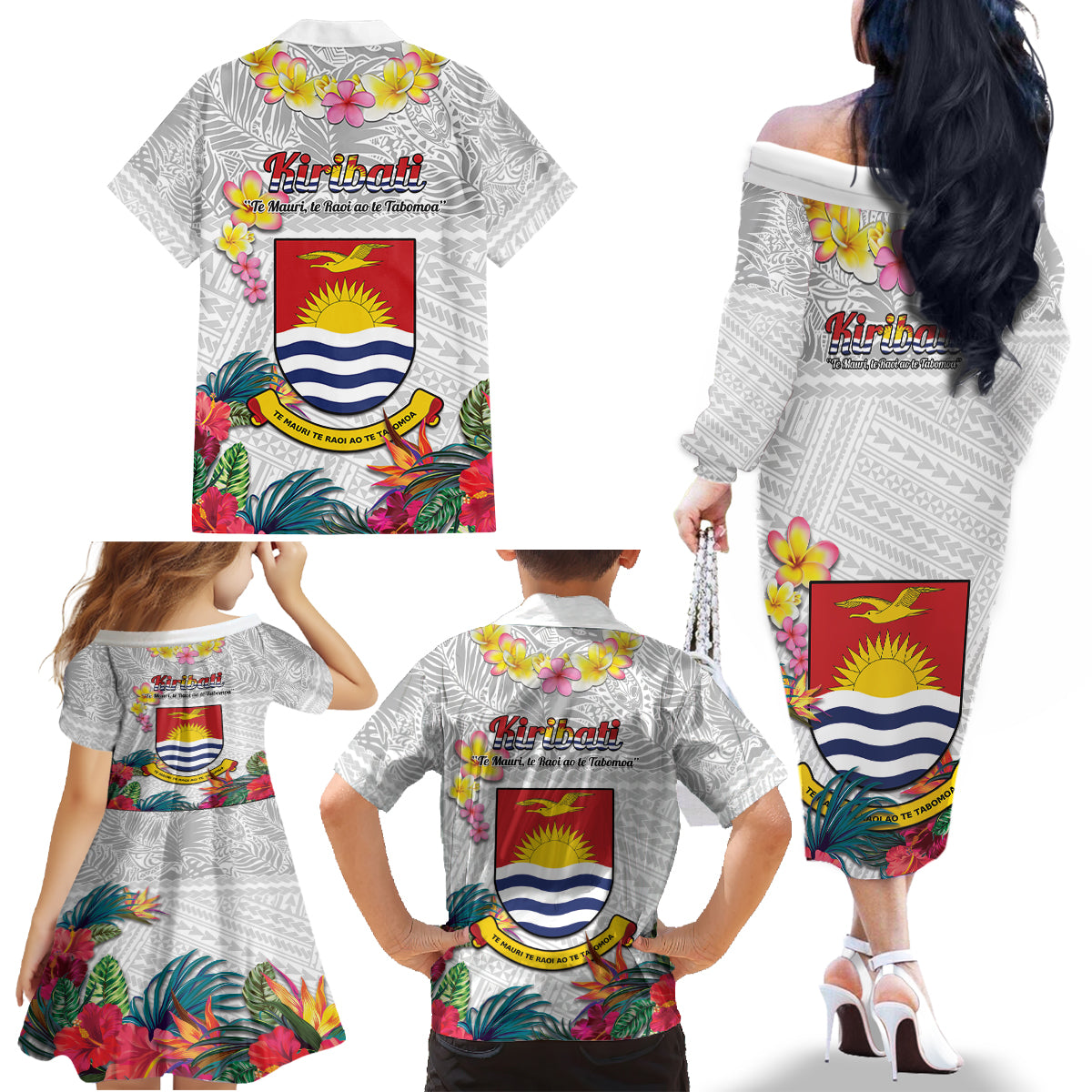 Kiribati Independence Day Family Matching Off The Shoulder Long Sleeve Dress and Hawaiian Shirt Frigatebird Mix Tropical Flowers - White Style LT14 - Polynesian Pride
