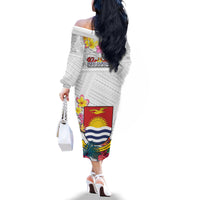 Kiribati Independence Day Family Matching Off The Shoulder Long Sleeve Dress and Hawaiian Shirt Frigatebird Mix Tropical Flowers - White Style LT14 - Polynesian Pride