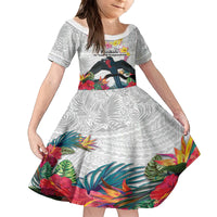 Kiribati Independence Day Family Matching Off Shoulder Maxi Dress and Hawaiian Shirt Frigatebird Mix Tropical Flowers - White Style LT14 Daughter's Dress White - Polynesian Pride