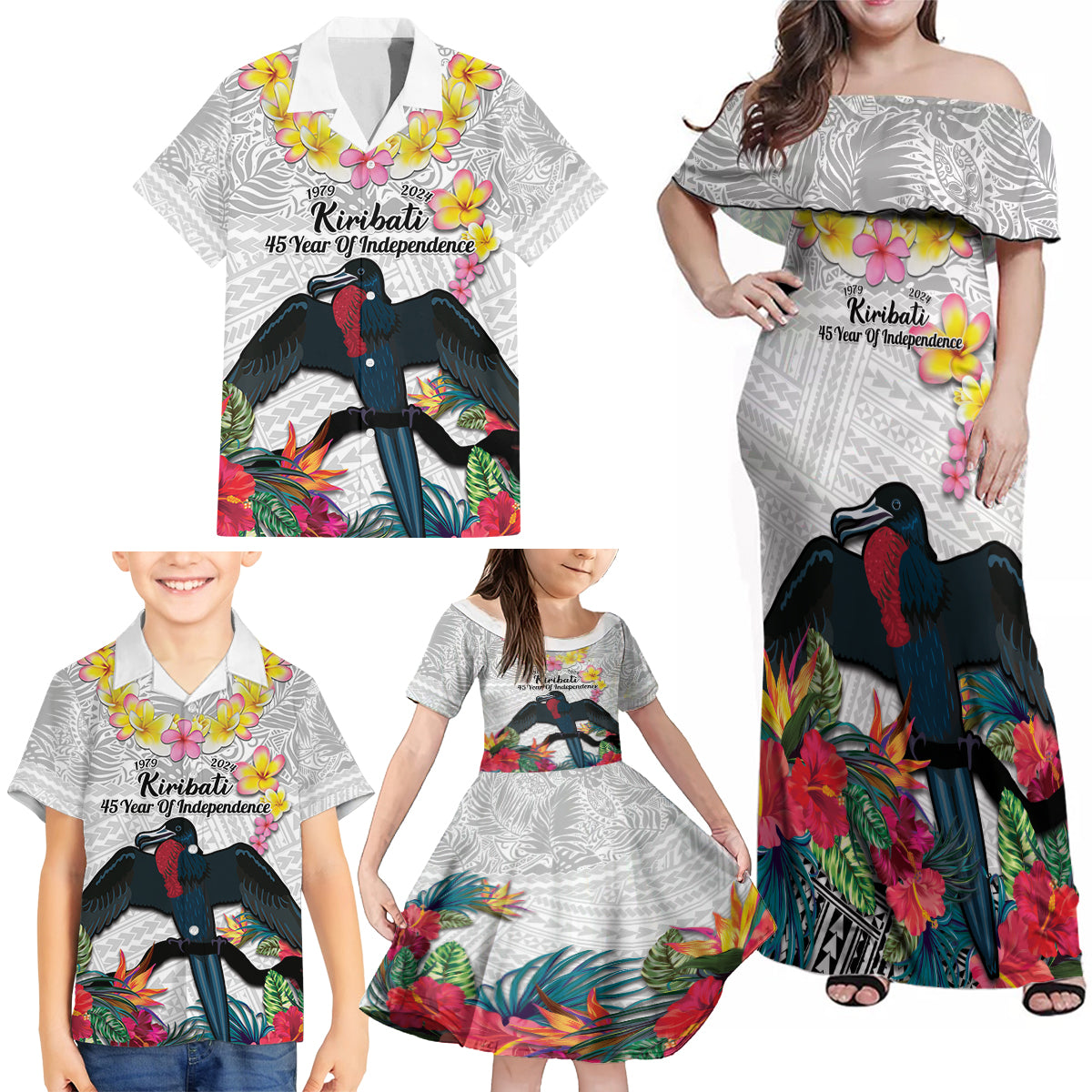 Kiribati Independence Day Family Matching Off Shoulder Maxi Dress and Hawaiian Shirt Frigatebird Mix Tropical Flowers - White Style LT14 - Polynesian Pride
