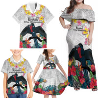 Kiribati Independence Day Family Matching Off Shoulder Maxi Dress and Hawaiian Shirt Frigatebird Mix Tropical Flowers - White Style LT14 - Polynesian Pride