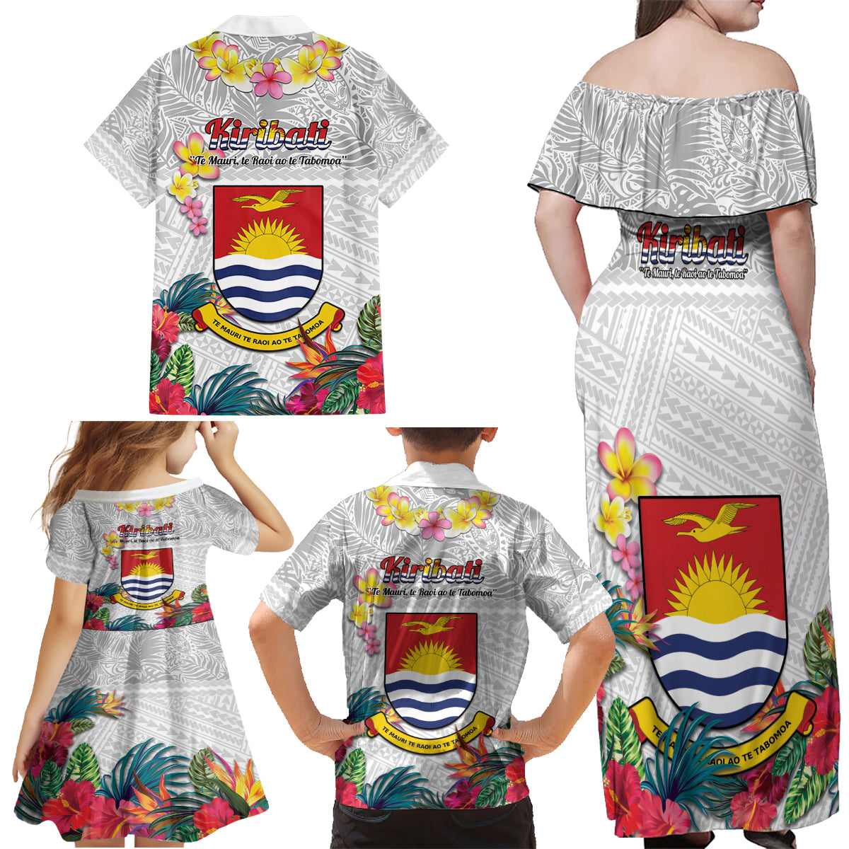 Kiribati Independence Day Family Matching Off Shoulder Maxi Dress and Hawaiian Shirt Frigatebird Mix Tropical Flowers - White Style LT14 - Polynesian Pride