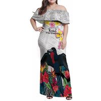 Kiribati Independence Day Family Matching Off Shoulder Maxi Dress and Hawaiian Shirt Frigatebird Mix Tropical Flowers - White Style LT14 Mom's Dress White - Polynesian Pride