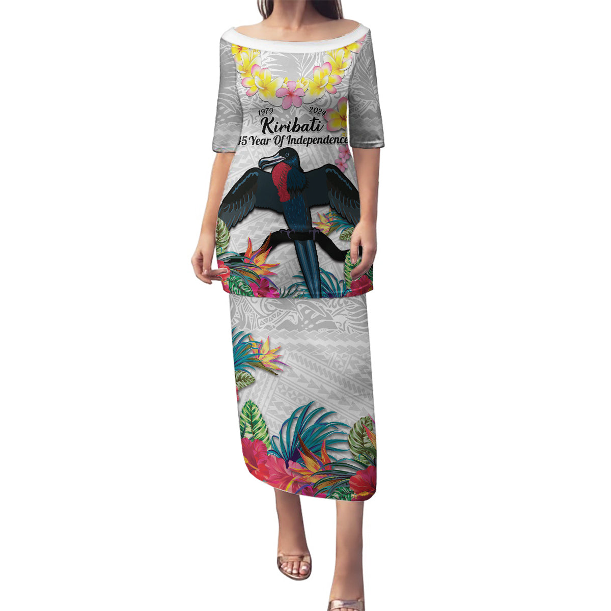 Kiribati Independence Day Family Matching Puletasi and Hawaiian Shirt Frigatebird Mix Tropical Flowers - White Style LT14 Mom's Dress White - Polynesian Pride