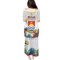 Kiribati Independence Day Family Matching Puletasi and Hawaiian Shirt Frigatebird Mix Tropical Flowers - White Style LT14 - Polynesian Pride