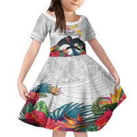 Kiribati Independence Day Family Matching Short Sleeve Bodycon Dress and Hawaiian Shirt Frigatebird Mix Tropical Flowers - White Style LT14 Daughter's Dress White - Polynesian Pride