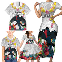 Kiribati Independence Day Family Matching Short Sleeve Bodycon Dress and Hawaiian Shirt Frigatebird Mix Tropical Flowers - White Style LT14 - Polynesian Pride