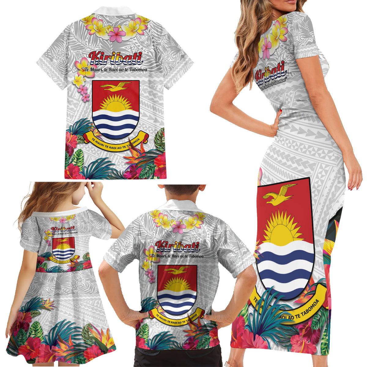 Kiribati Independence Day Family Matching Short Sleeve Bodycon Dress and Hawaiian Shirt Frigatebird Mix Tropical Flowers - White Style LT14 - Polynesian Pride