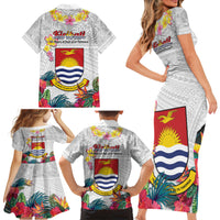 Kiribati Independence Day Family Matching Short Sleeve Bodycon Dress and Hawaiian Shirt Frigatebird Mix Tropical Flowers - White Style LT14 - Polynesian Pride