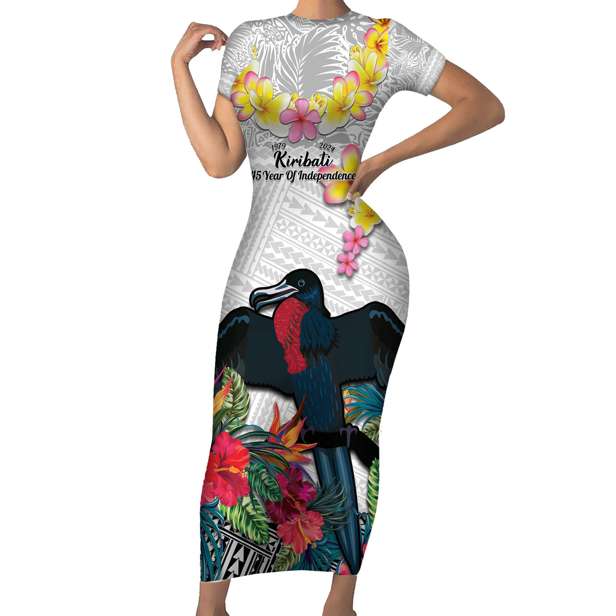 Kiribati Independence Day Family Matching Short Sleeve Bodycon Dress and Hawaiian Shirt Frigatebird Mix Tropical Flowers - White Style LT14 Mom's Dress White - Polynesian Pride