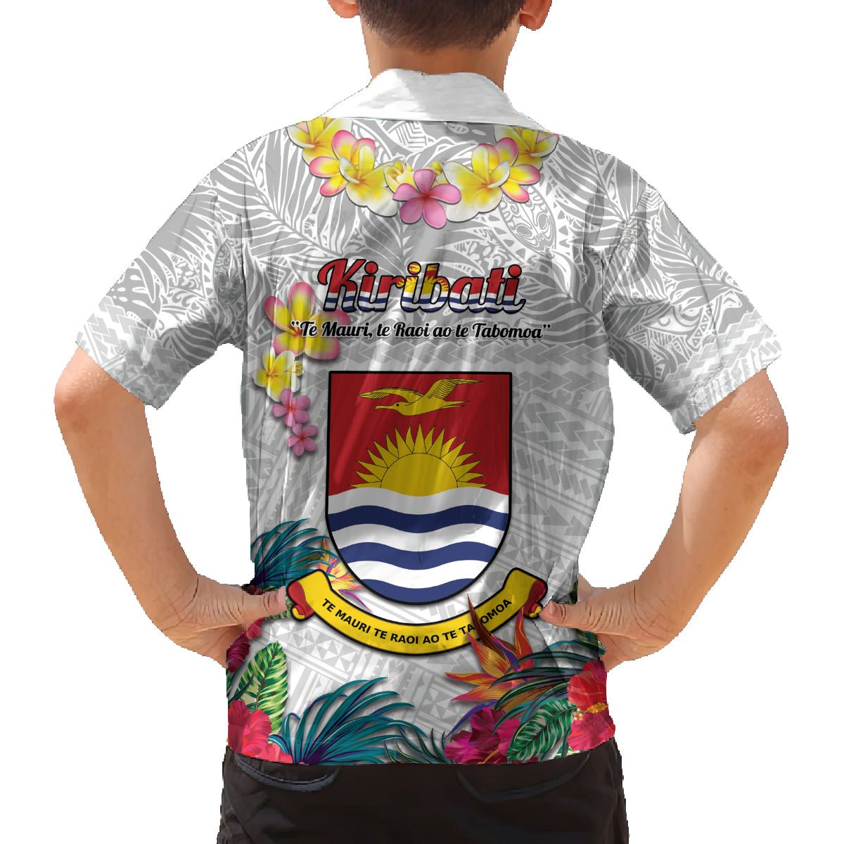 Kiribati Independence Day Family Matching Summer Maxi Dress and Hawaiian Shirt Frigatebird Mix Tropical Flowers - White Style LT14 - Polynesian Pride