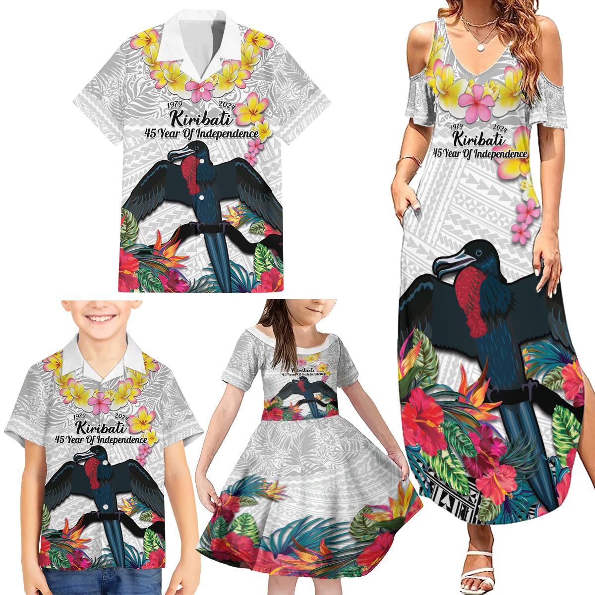 Kiribati Independence Day Family Matching Summer Maxi Dress and Hawaiian Shirt Frigatebird Mix Tropical Flowers - White Style LT14 - Polynesian Pride
