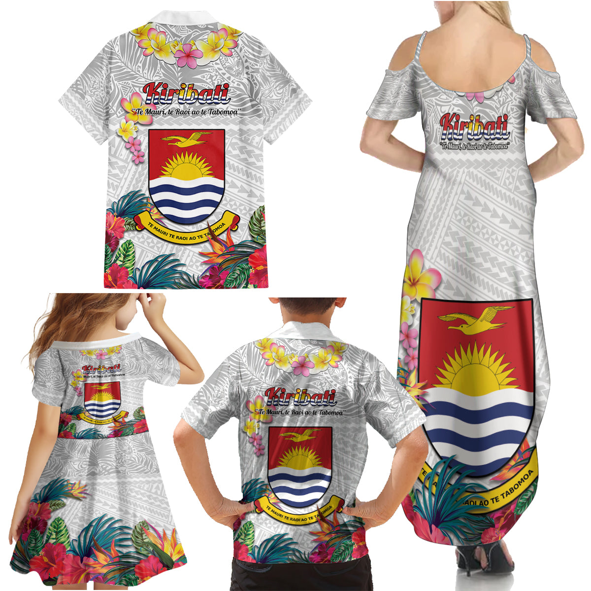 Kiribati Independence Day Family Matching Summer Maxi Dress and Hawaiian Shirt Frigatebird Mix Tropical Flowers - White Style LT14 - Polynesian Pride