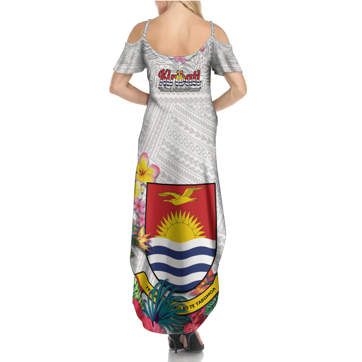 Kiribati Independence Day Family Matching Summer Maxi Dress and Hawaiian Shirt Frigatebird Mix Tropical Flowers - White Style LT14 - Polynesian Pride