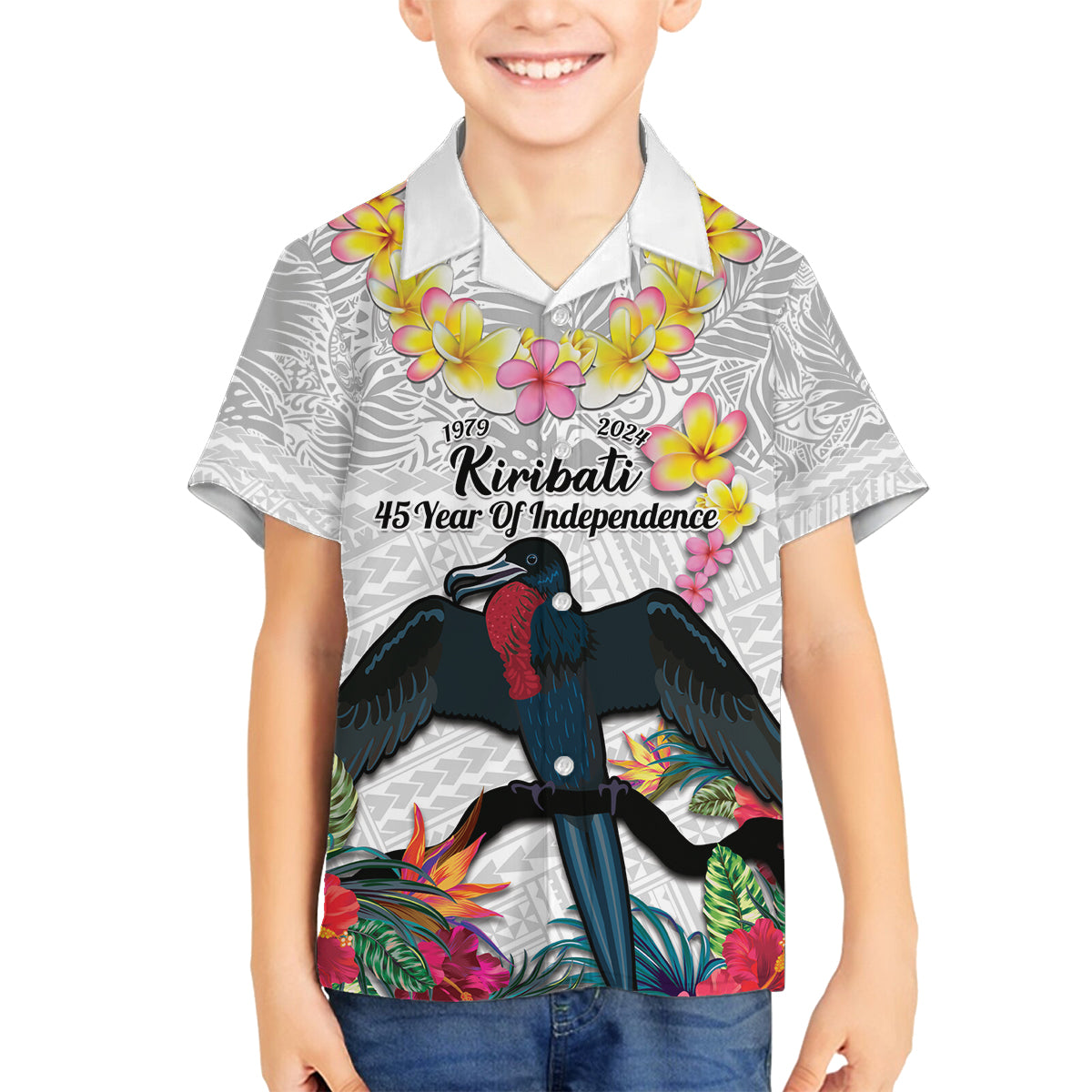 Kiribati Independence Day Family Matching Summer Maxi Dress and Hawaiian Shirt Frigatebird Mix Tropical Flowers - White Style LT14 Son's Shirt White - Polynesian Pride