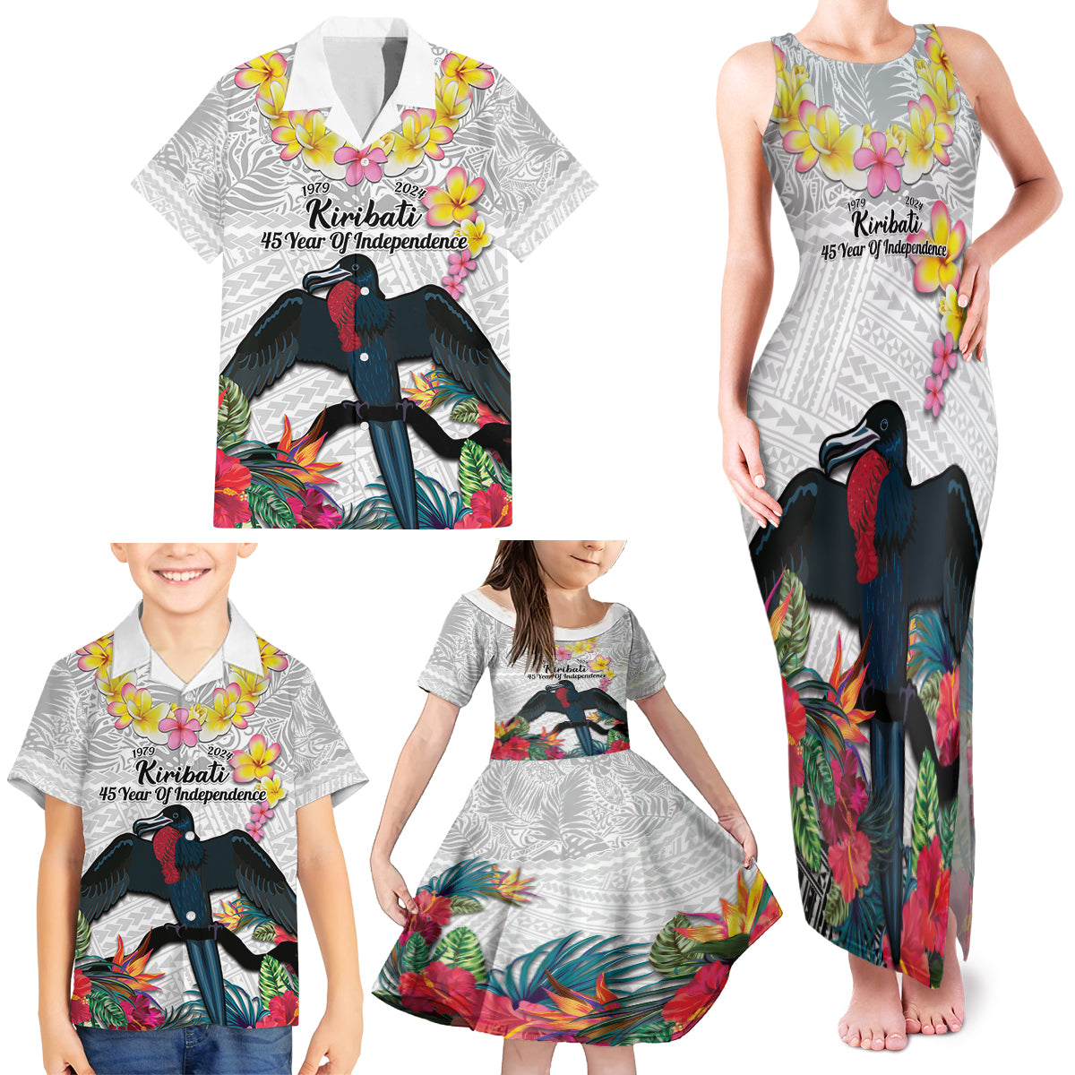 Kiribati Independence Day Family Matching Tank Maxi Dress and Hawaiian Shirt Frigatebird Mix Tropical Flowers - White Style LT14 - Polynesian Pride