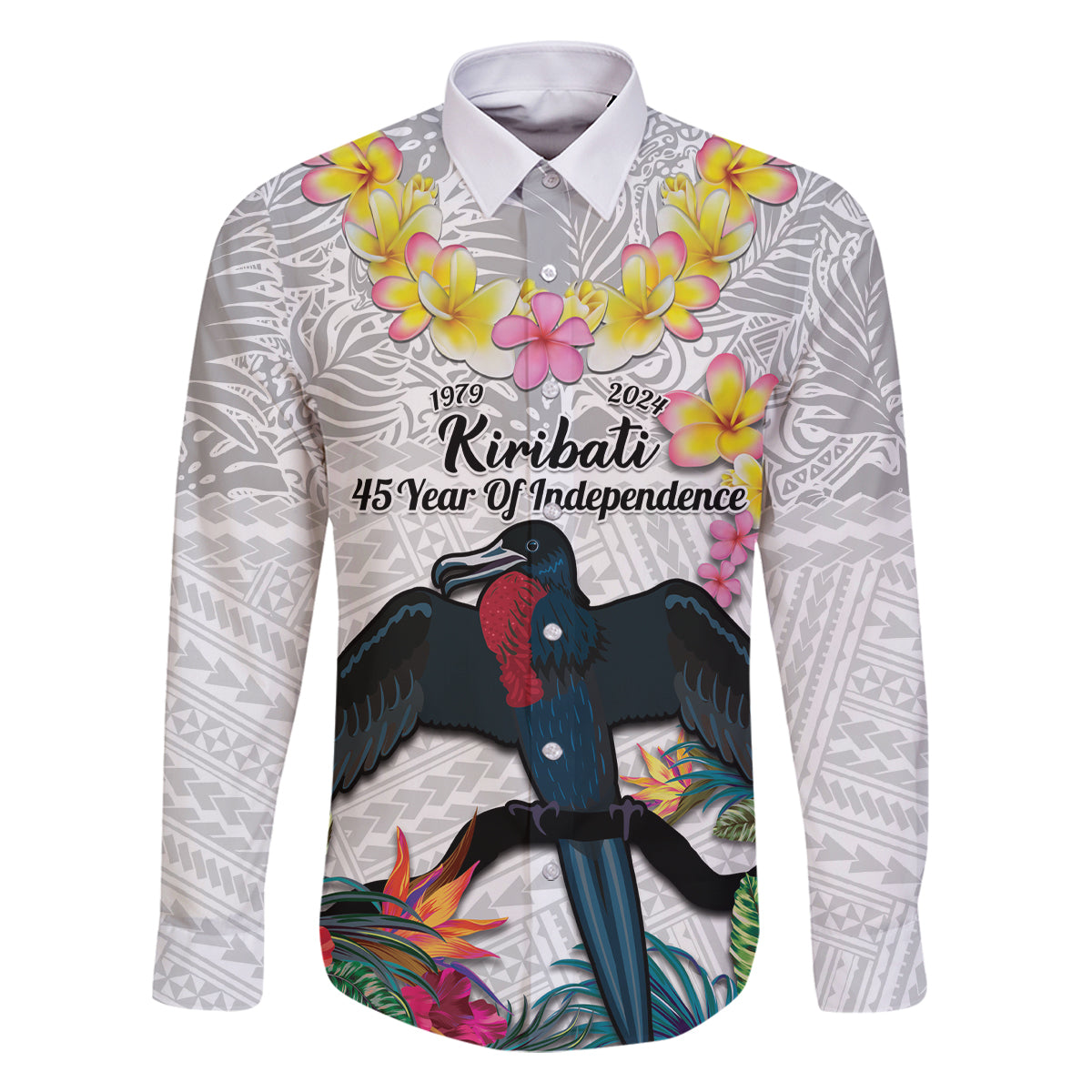 Kiribati Independence Day Family Matching Tank Maxi Dress and Hawaiian Shirt Frigatebird Mix Tropical Flowers - White Style LT14 Dad's Shirt - Long Sleeve White - Polynesian Pride