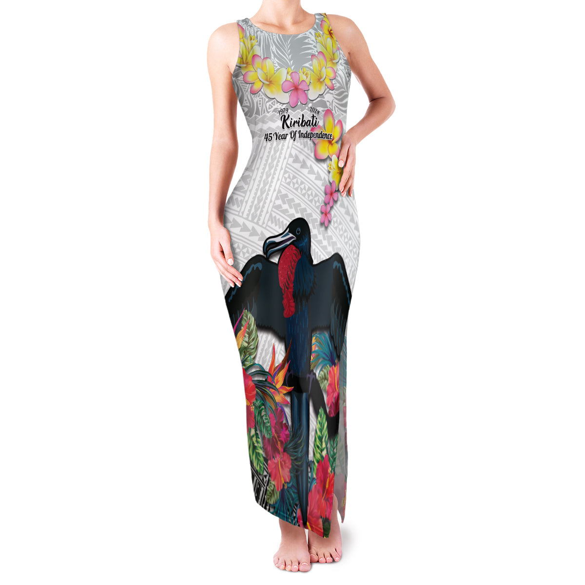 Kiribati Independence Day Family Matching Tank Maxi Dress and Hawaiian Shirt Frigatebird Mix Tropical Flowers - White Style LT14 Mom's Dress White - Polynesian Pride