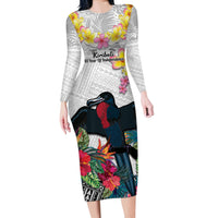 Kiribati Independence Day Long Sleeve Bodycon Dress Frigatebird Mix Tropical Flowers - White Style LT14 Long Dress White - Polynesian Pride