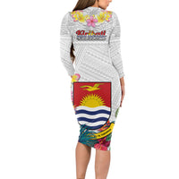 Kiribati Independence Day Long Sleeve Bodycon Dress Frigatebird Mix Tropical Flowers - White Style LT14 - Polynesian Pride