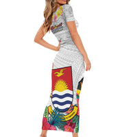 Kiribati Independence Day Short Sleeve Bodycon Dress Frigatebird Mix Tropical Flowers - White Style LT14 - Polynesian Pride