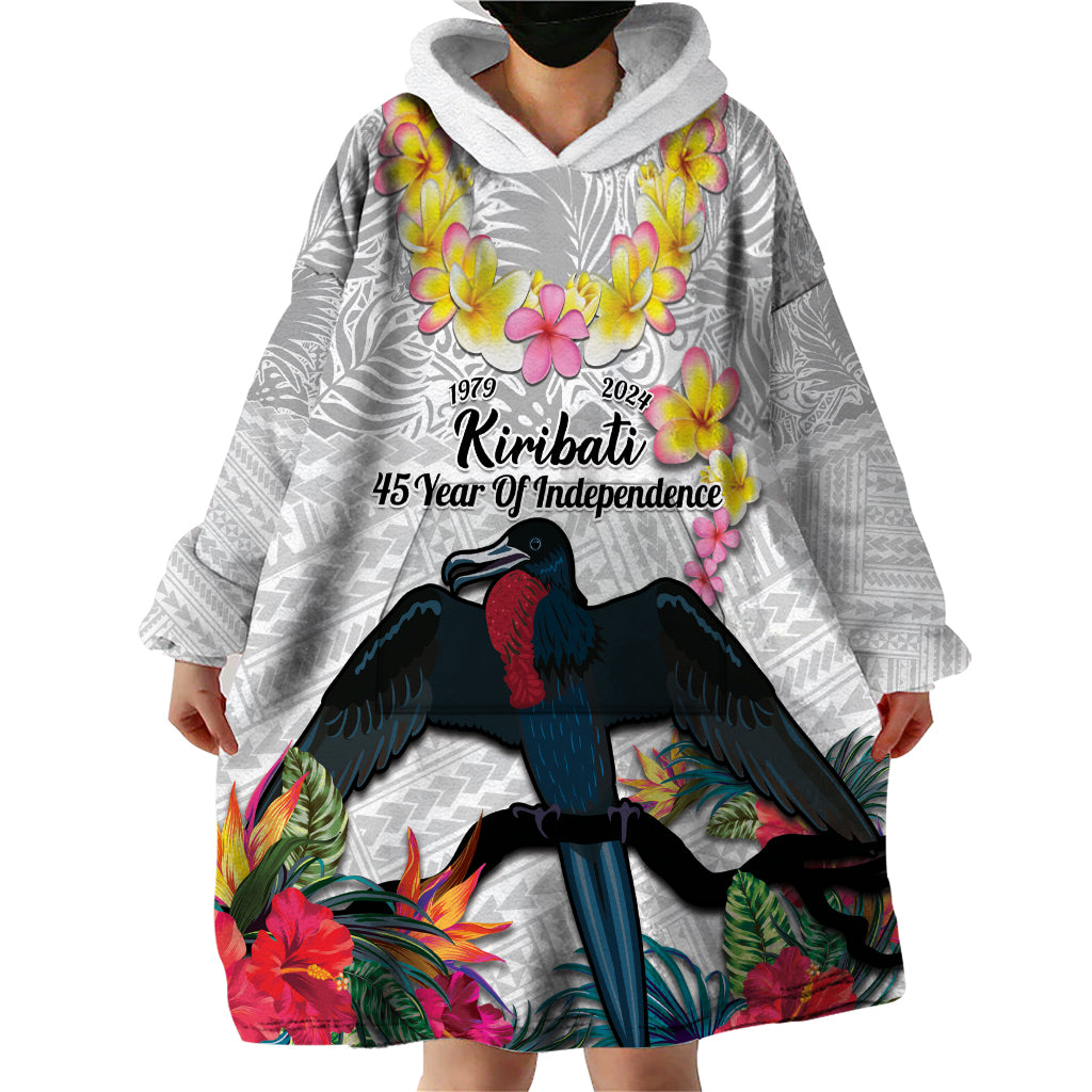 Kiribati Independence Day Wearable Blanket Hoodie Frigatebird Mix Tropical Flowers - White Style LT14 - Polynesian Pride