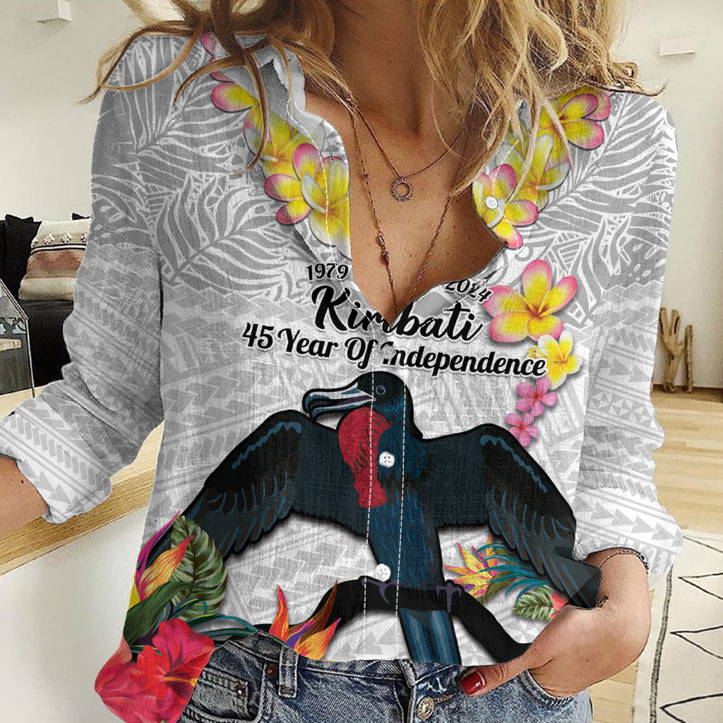 Kiribati Independence Day Women Casual Shirt Frigatebird Mix Tropical Flowers - White Style LT14 Female White - Polynesian Pride