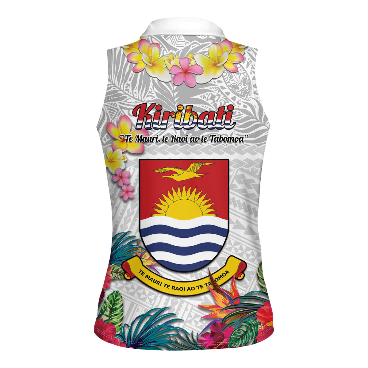 Kiribati Independence Day Women Sleeveless Polo Shirt Frigatebird Mix Tropical Flowers - White Style LT14 - Polynesian Pride
