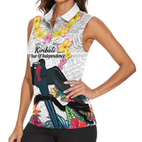 Kiribati Independence Day Women Sleeveless Polo Shirt Frigatebird Mix Tropical Flowers - White Style LT14 - Polynesian Pride