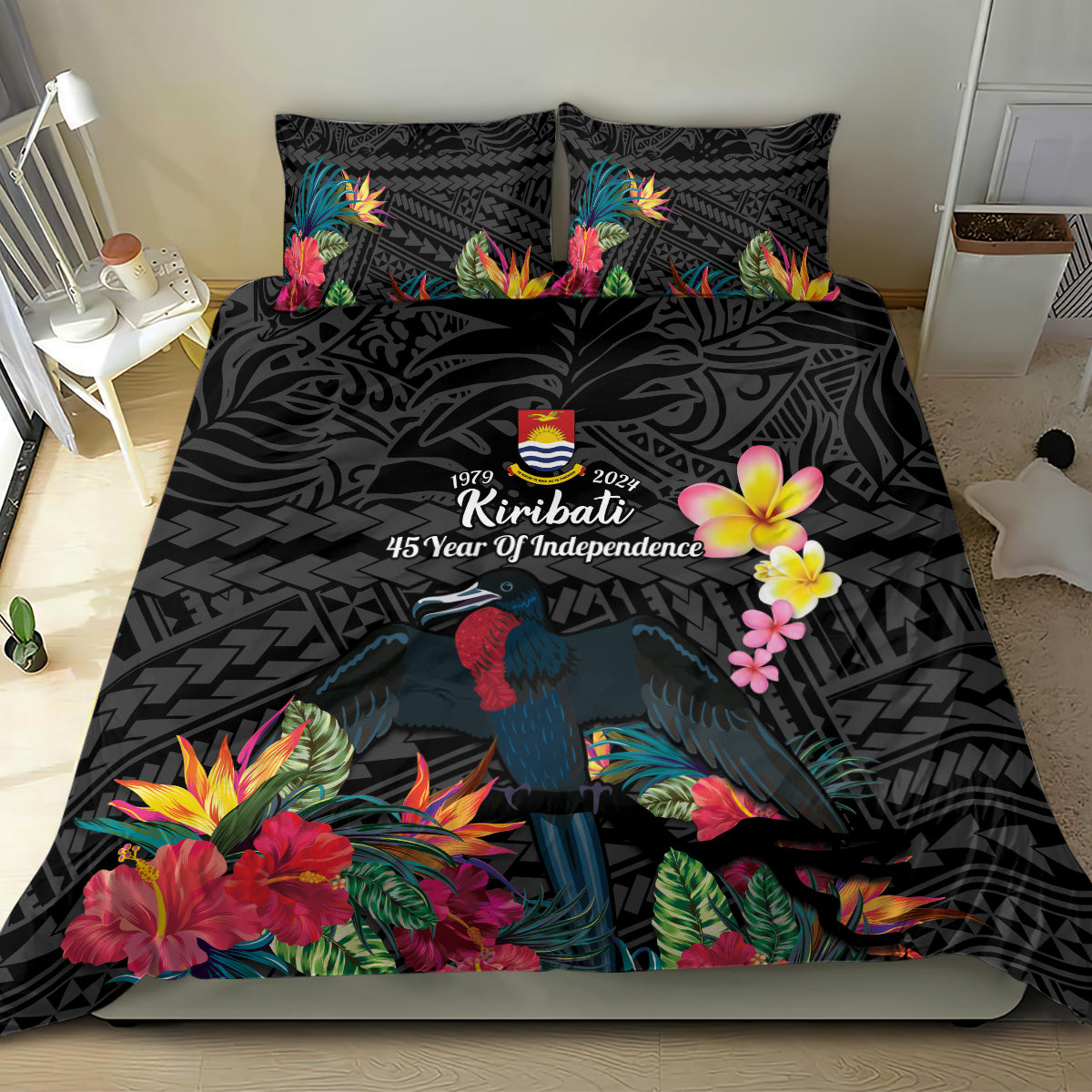 Kiribati Independence Day Bedding Set Frigatebird Mix Tropical Flowers - Black Style