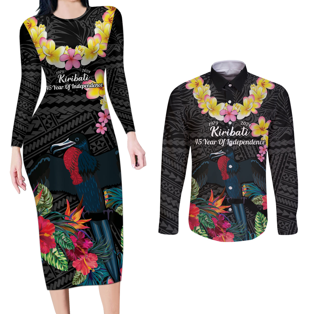 Kiribati Independence Day Couples Matching Long Sleeve Bodycon Dress and Long Sleeve Button Shirt Frigatebird Mix Tropical Flowers - Black Style LT14 Black - Polynesian Pride