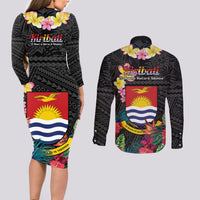 Kiribati Independence Day Couples Matching Long Sleeve Bodycon Dress and Long Sleeve Button Shirt Frigatebird Mix Tropical Flowers - Black Style LT14 - Polynesian Pride