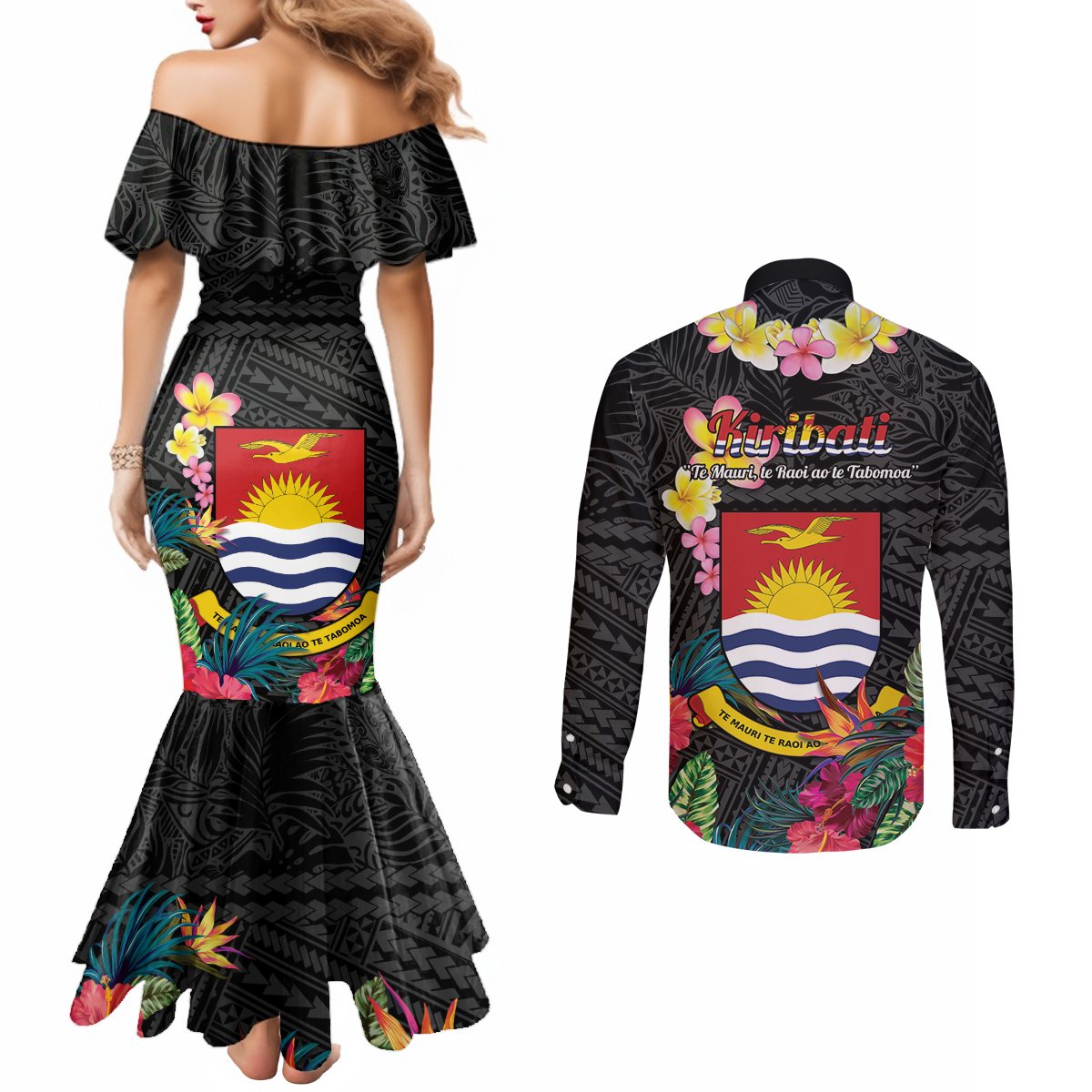 Kiribati Independence Day Couples Matching Mermaid Dress and Long Sleeve Button Shirt Frigatebird Mix Tropical Flowers - Black Style LT14 - Polynesian Pride