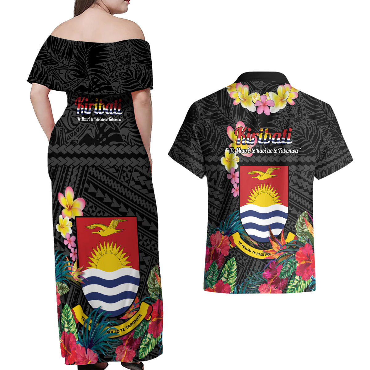 Kiribati Independence Day Couples Matching Off Shoulder Maxi Dress and Hawaiian Shirt Frigatebird Mix Tropical Flowers - Black Style LT14 - Polynesian Pride