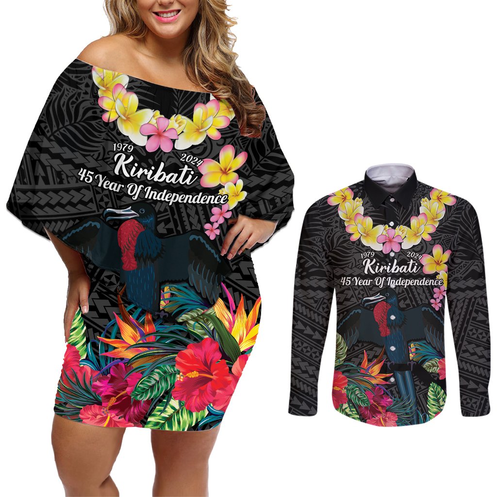 Kiribati Independence Day Couples Matching Off Shoulder Short Dress and Long Sleeve Button Shirt Frigatebird Mix Tropical Flowers - Black Style LT14 Black - Polynesian Pride