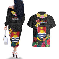 Kiribati Independence Day Couples Matching Off The Shoulder Long Sleeve Dress and Hawaiian Shirt Frigatebird Mix Tropical Flowers - Black Style LT14 - Polynesian Pride