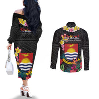 Kiribati Independence Day Couples Matching Off The Shoulder Long Sleeve Dress and Long Sleeve Button Shirt Frigatebird Mix Tropical Flowers - Black Style LT14 - Polynesian Pride