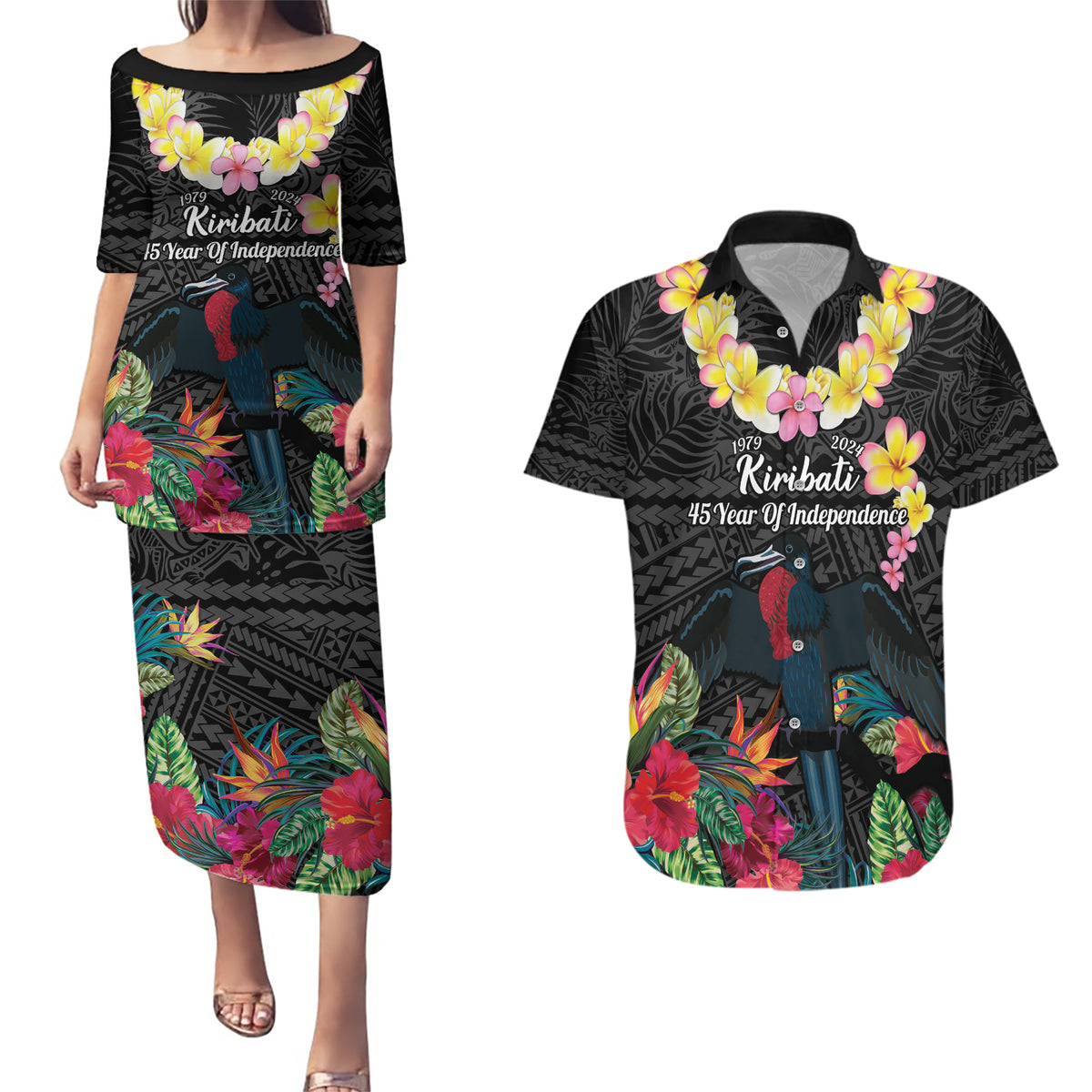 Kiribati Independence Day Couples Matching Puletasi and Hawaiian Shirt Frigatebird Mix Tropical Flowers - Black Style LT14 Black - Polynesian Pride