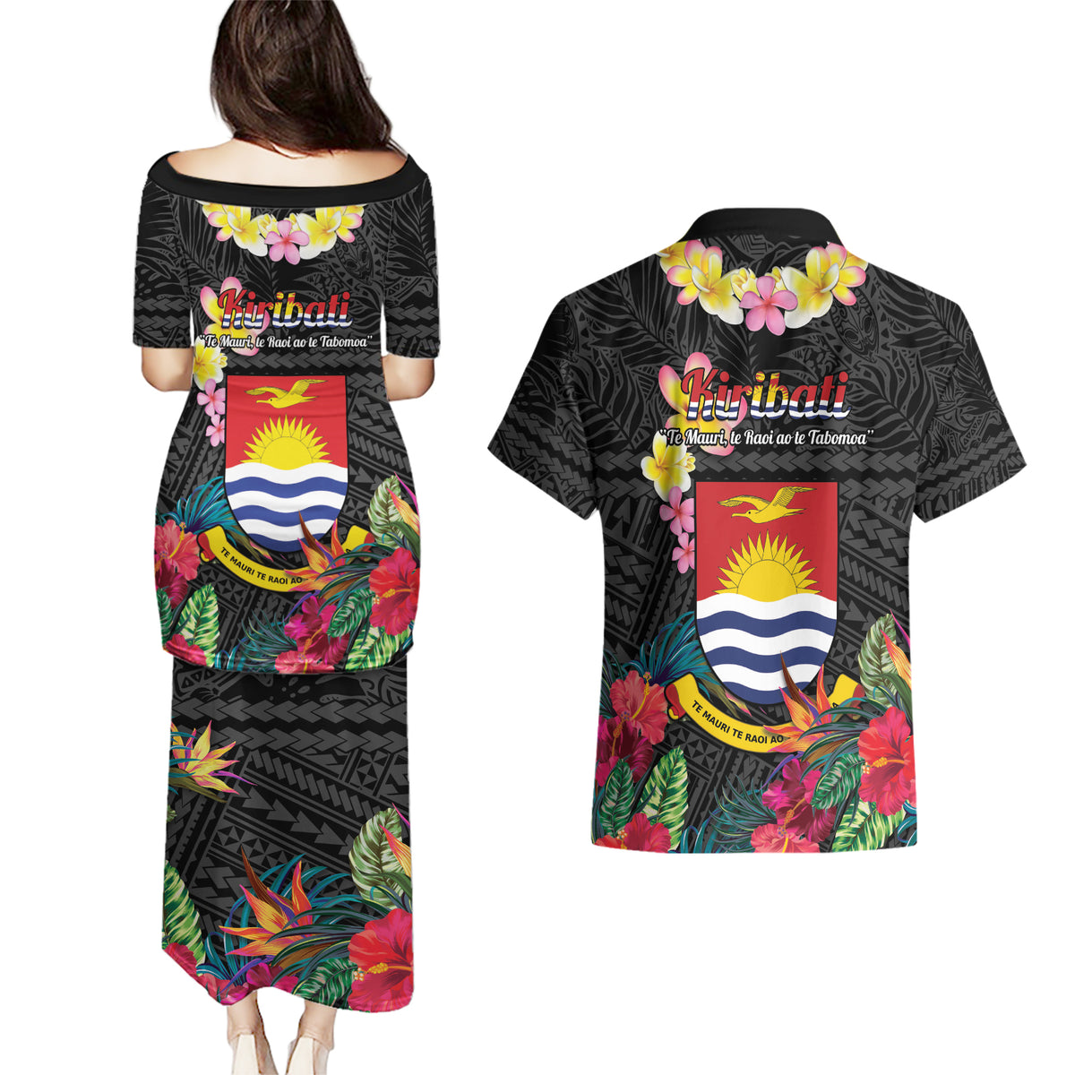 Kiribati Independence Day Couples Matching Puletasi and Hawaiian Shirt Frigatebird Mix Tropical Flowers - Black Style LT14 - Polynesian Pride