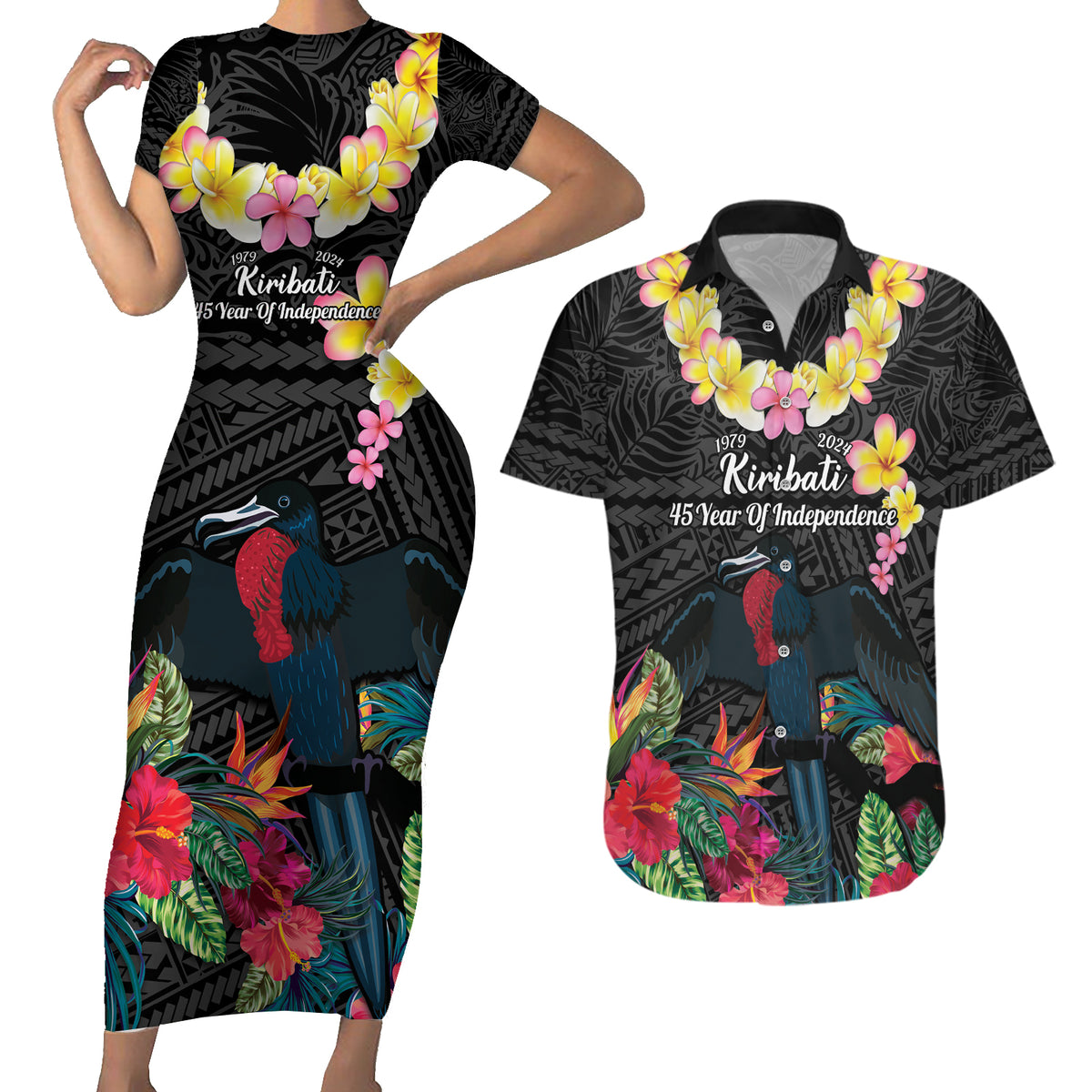 Kiribati Independence Day Couples Matching Short Sleeve Bodycon Dress and Hawaiian Shirt Frigatebird Mix Tropical Flowers - Black Style LT14 Black - Polynesian Pride