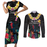 Kiribati Independence Day Couples Matching Short Sleeve Bodycon Dress and Long Sleeve Button Shirt Frigatebird Mix Tropical Flowers - Black Style LT14 Black - Polynesian Pride