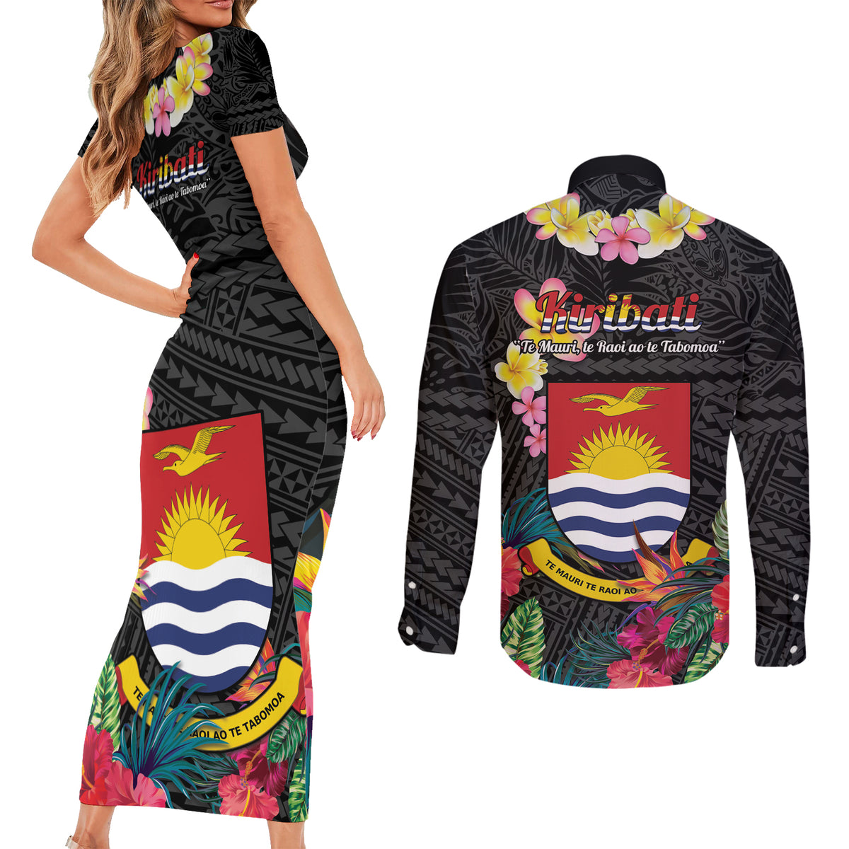 Kiribati Independence Day Couples Matching Short Sleeve Bodycon Dress and Long Sleeve Button Shirt Frigatebird Mix Tropical Flowers - Black Style LT14 - Polynesian Pride