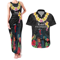 Kiribati Independence Day Couples Matching Tank Maxi Dress and Hawaiian Shirt Frigatebird Mix Tropical Flowers - Black Style LT14 Black - Polynesian Pride