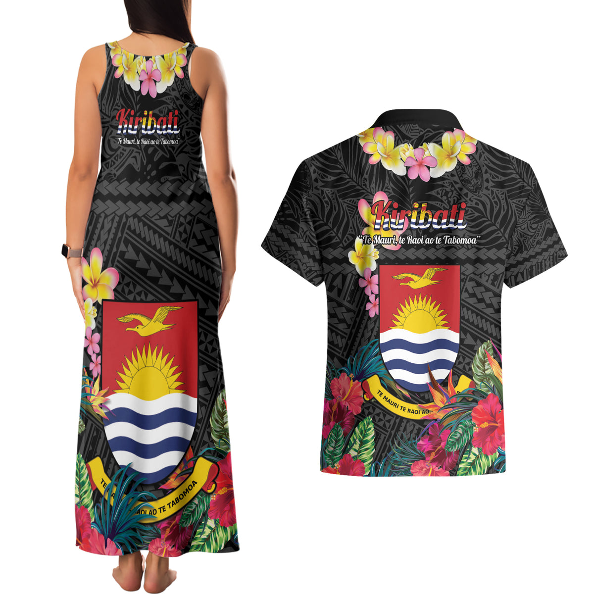 Kiribati Independence Day Couples Matching Tank Maxi Dress and Hawaiian Shirt Frigatebird Mix Tropical Flowers - Black Style LT14 - Polynesian Pride