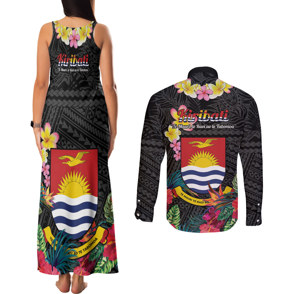 Kiribati Independence Day Couples Matching Tank Maxi Dress and Long Sleeve Button Shirt Frigatebird Mix Tropical Flowers - Black Style LT14 - Polynesian Pride